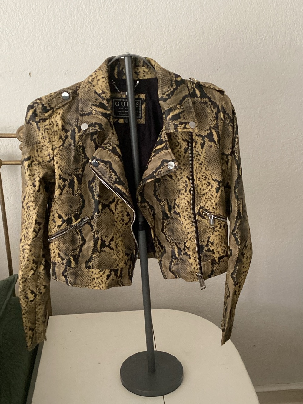 GUESS Snake-Print Faux Leather Moto Jacket in Yellow and Black